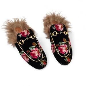 Gucci Princetown Horsebit Flat Slide Mule Fur Floral Black Velvet Size 38 US 8